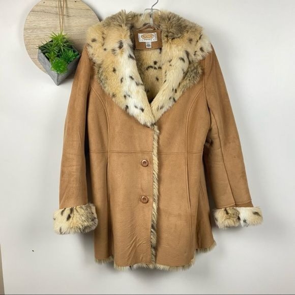 Talbots Faux Suede Car Coat Animal Print Faux Fur Large - Picture 2 of 7